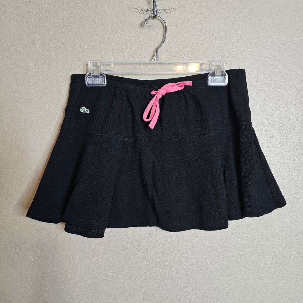 Vintage Y2K Lacoste Black Cotton Pique Mini Skirt Tennis Ruffle Size 40 medium